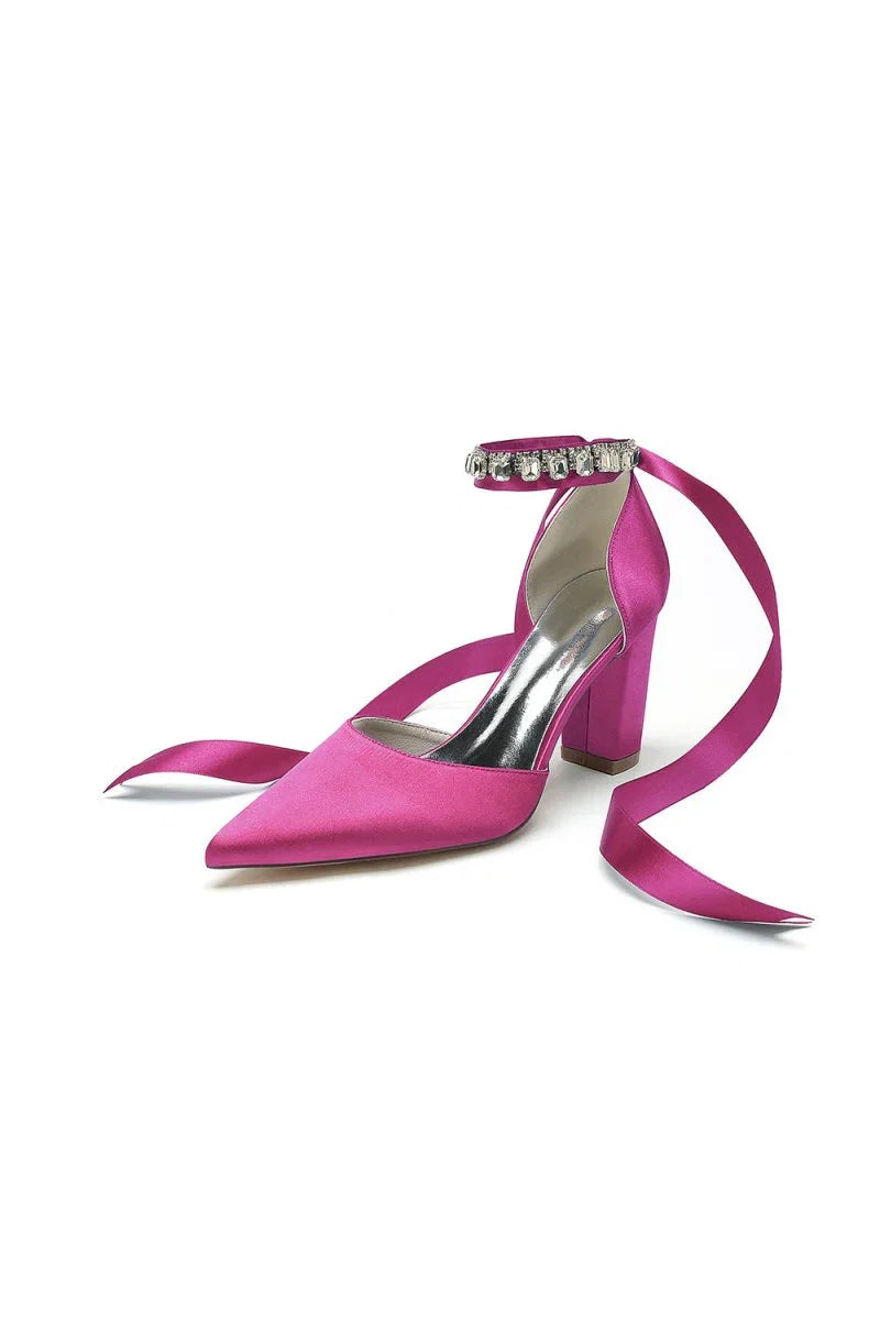 Rhinestone Ribbon Pointed Toe Ankle Strap Chunky Heel