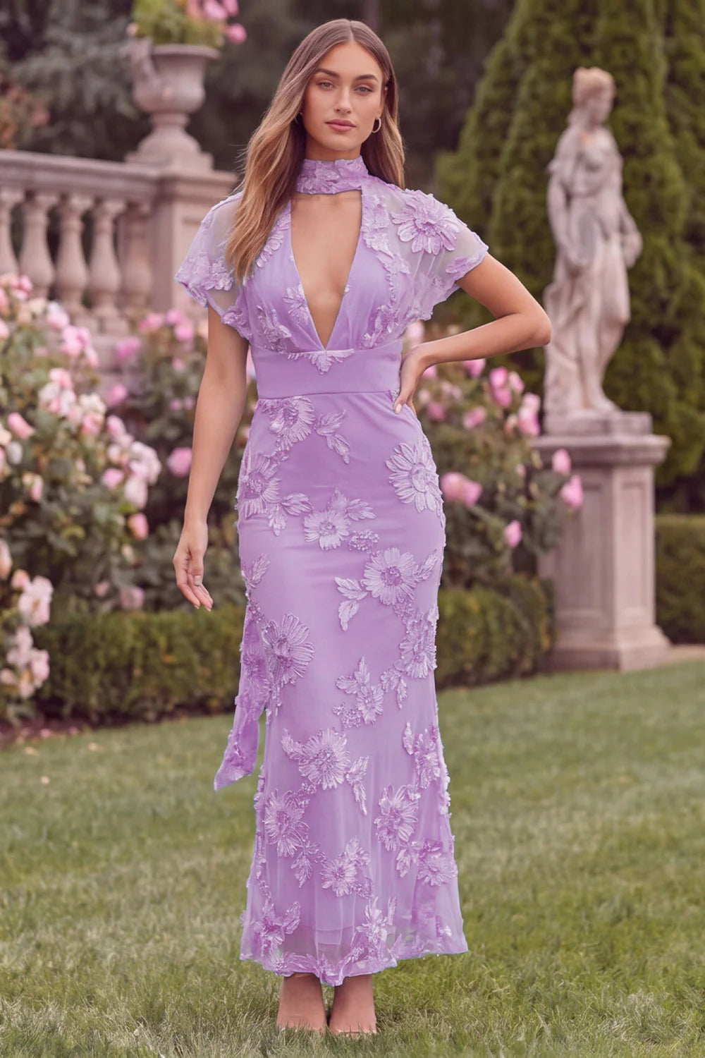 Lilac V Neck Mermaid Floral Wedding Guest Dress with Scarf
