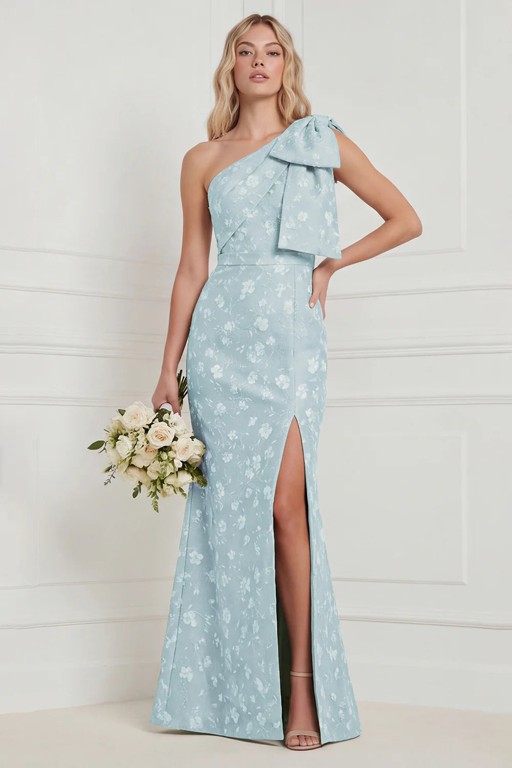 One Shoulder Sage Floral Jacquard Mermaid Bridesamid Dress with Slit
