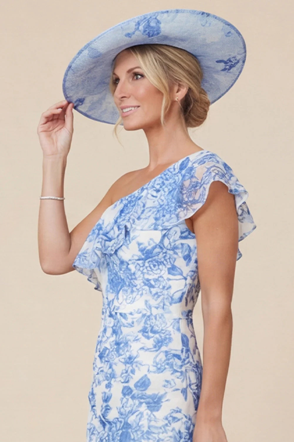 One Shoulder Light Blue Ruffle Floral Mother of the Bride Dress with Slit