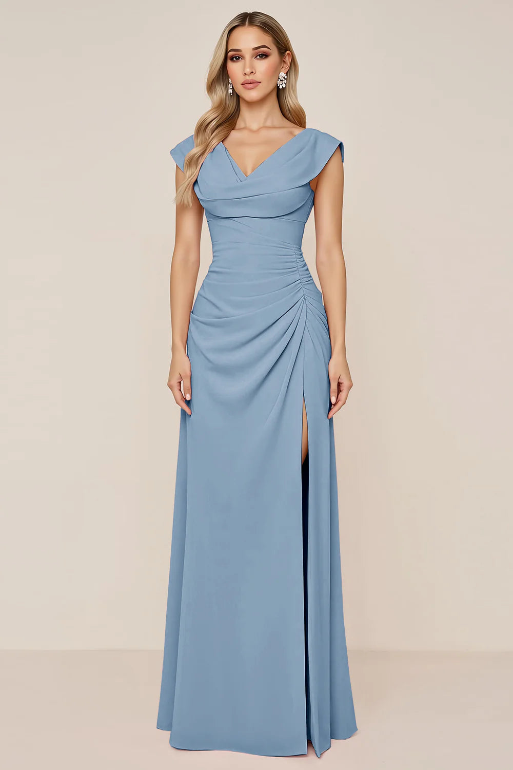 Candy Pink A Line Cowl Neck Long Bridesmaid Dress with Slit
