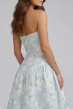 Blue White Flower Printed Strapless A Line Long Wedding Guest Dress