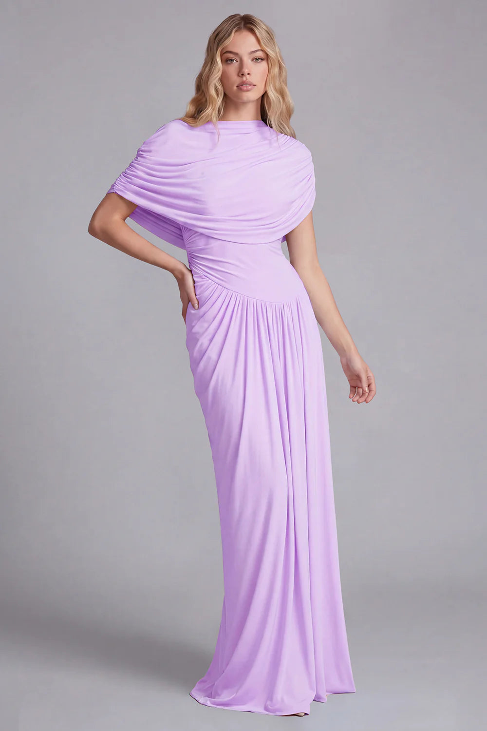 Sky Blue Mermaid Ruched Maxi Dress with Cape Sleeves
