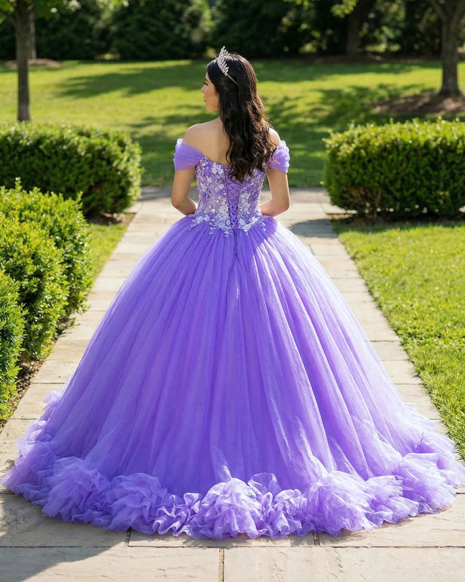 Ball Gown Organza Off the Shoulder Purple Quinceanera Dress