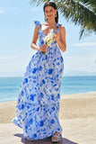 Blue A Line V Neck Ruched Floral Long Bridesmaid Dress