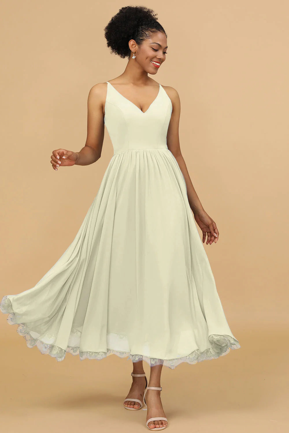 A Line Spaghetti Straps Long Chiffon Bridesmaid Dress with Ruffles