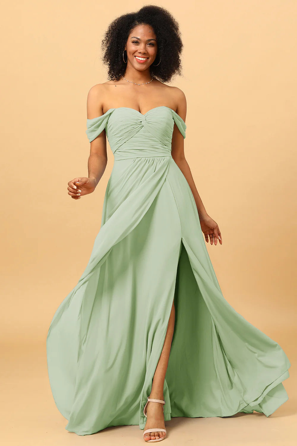 A Line Off the Shoulder Ruched Chiffon Floor Length Bridesmaid Dress with Slit