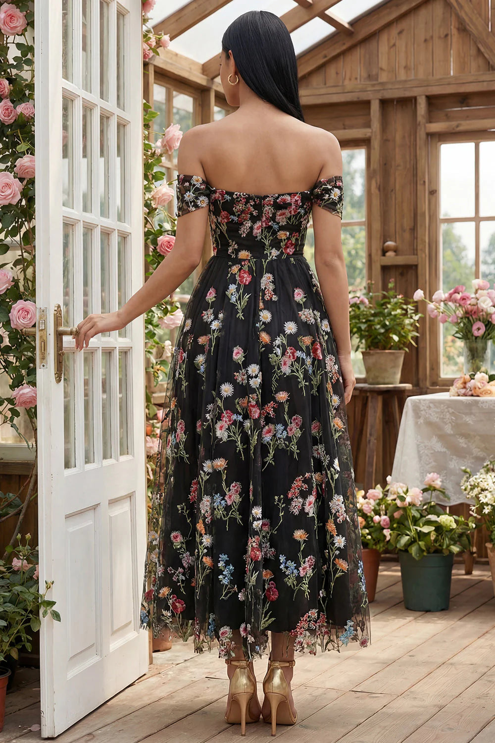 Black Off the Shoulder Floral A Line Midi Wedding Guest Dress