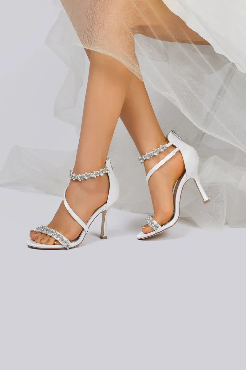 White Elegant High Heels with Crystal and Silver Accents