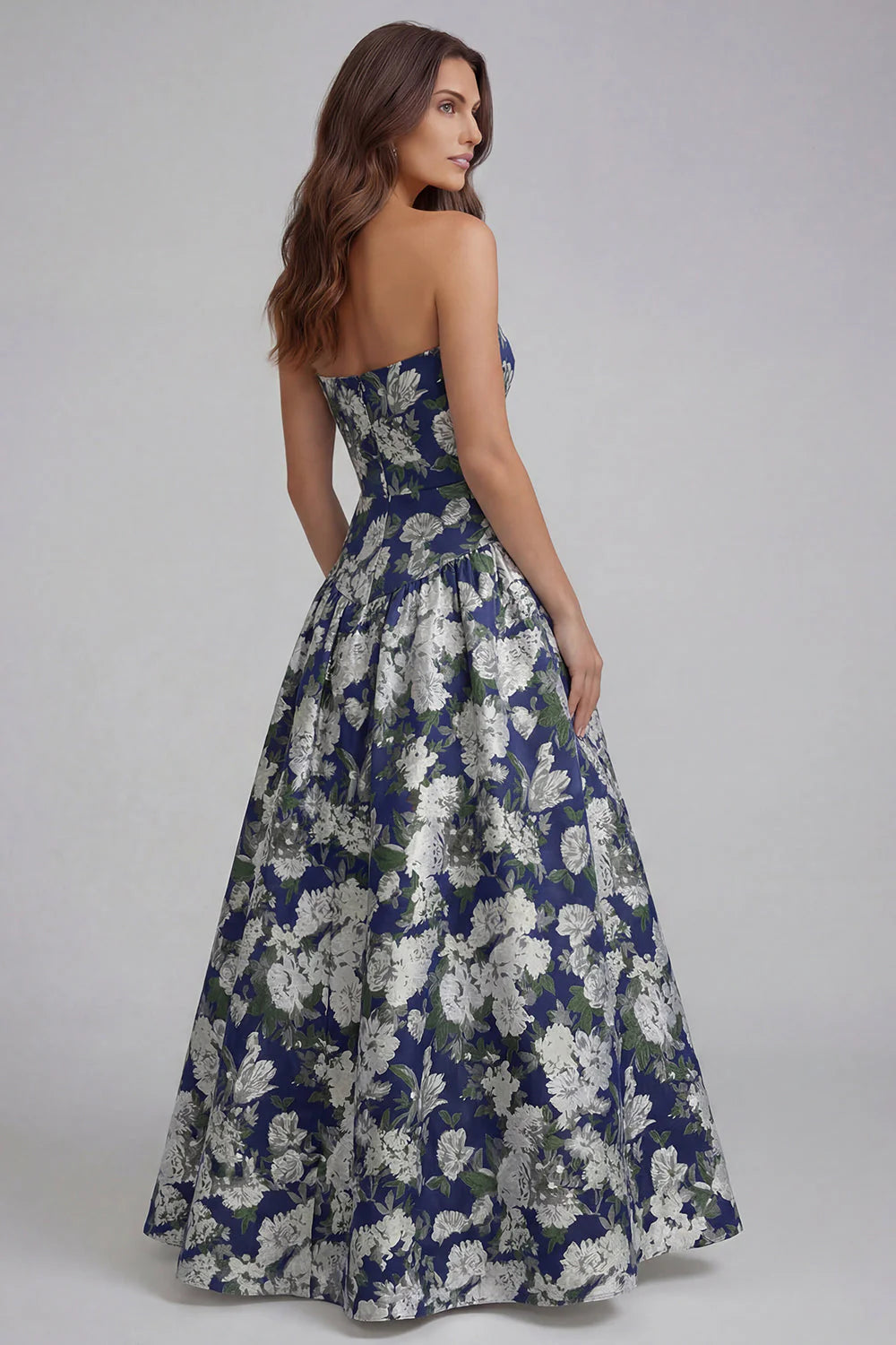Blue White Flower Printed Strapless A Line Long Wedding Guest Dress