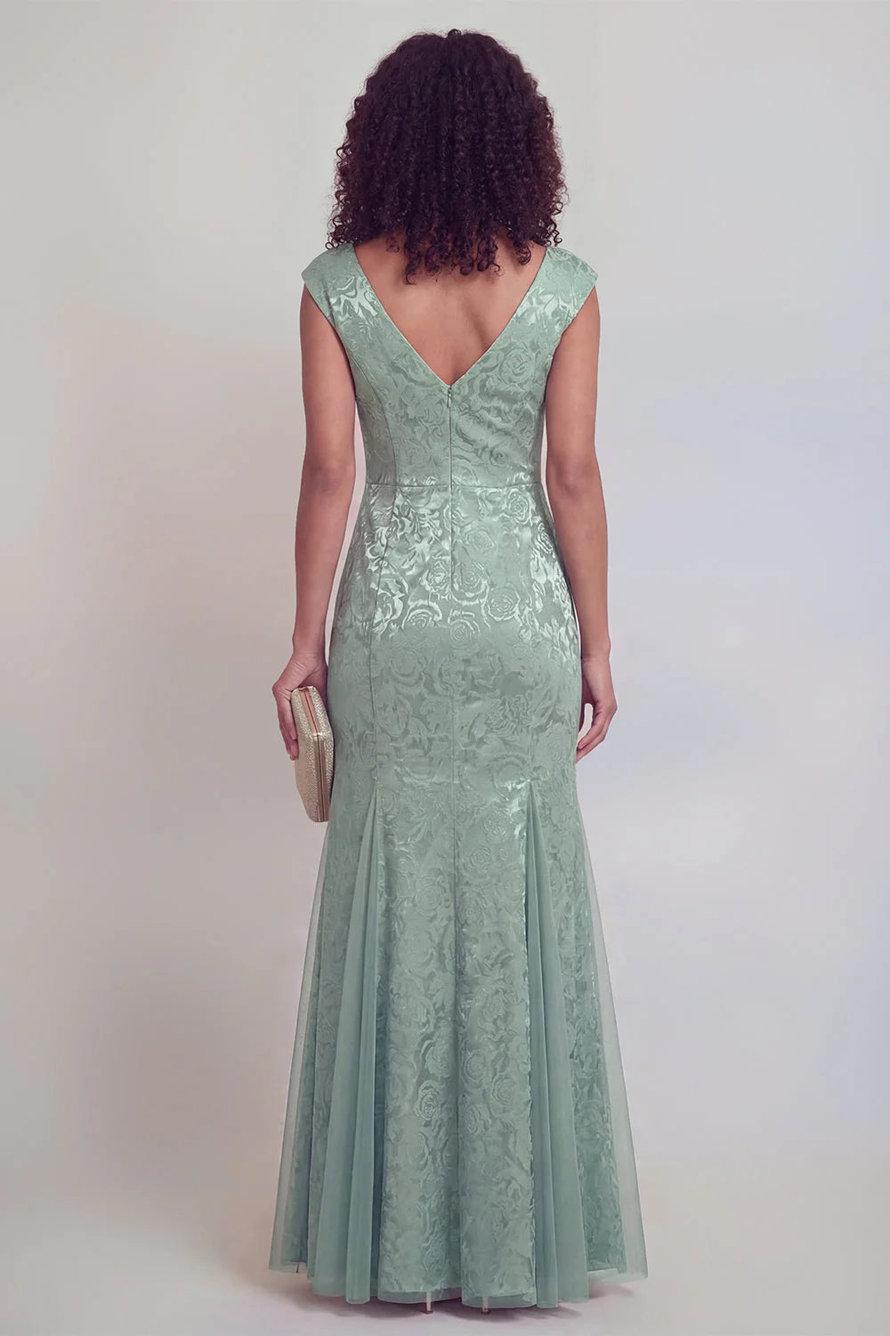 Sage Green Jacquard Mermaid V Neck Maxi Mother of the Bride Dress with Slit