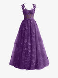 Purple A line Butterfly Lace Lilac Corset Prom Dress with Slit