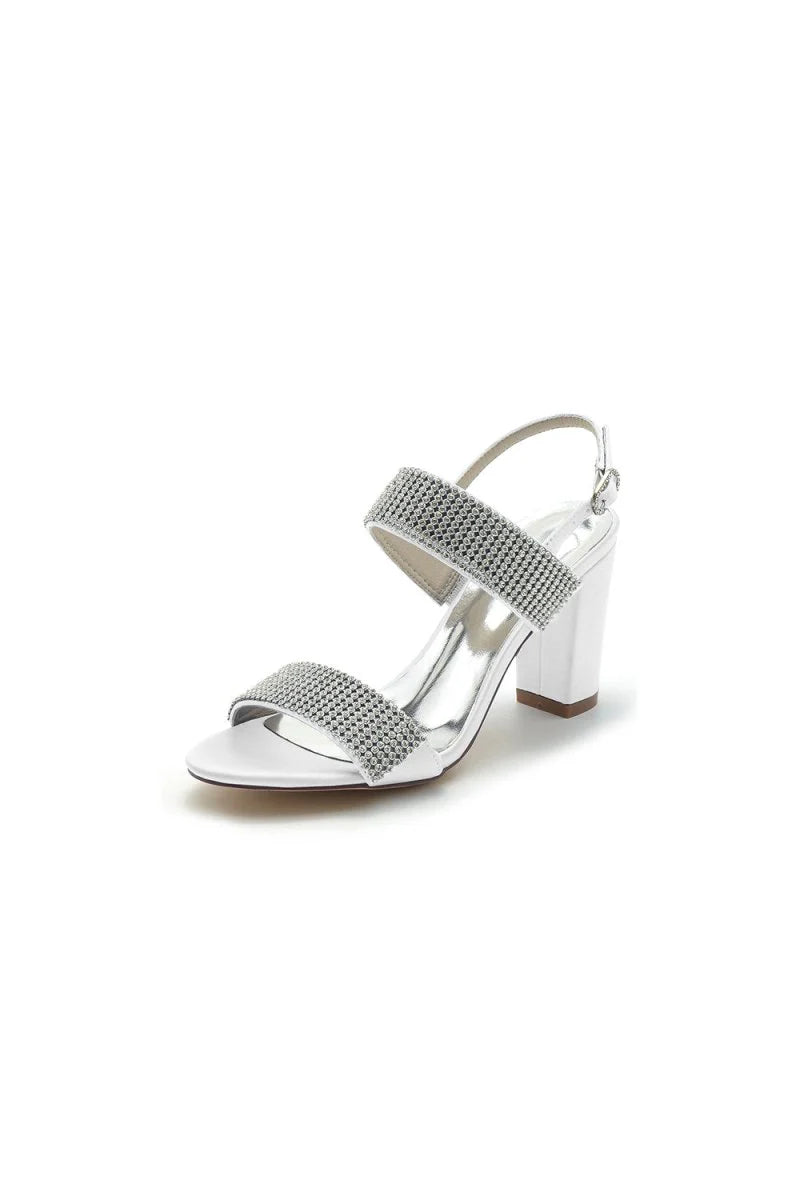 Open Toe Beaded Buckle Satin Chunky Heels