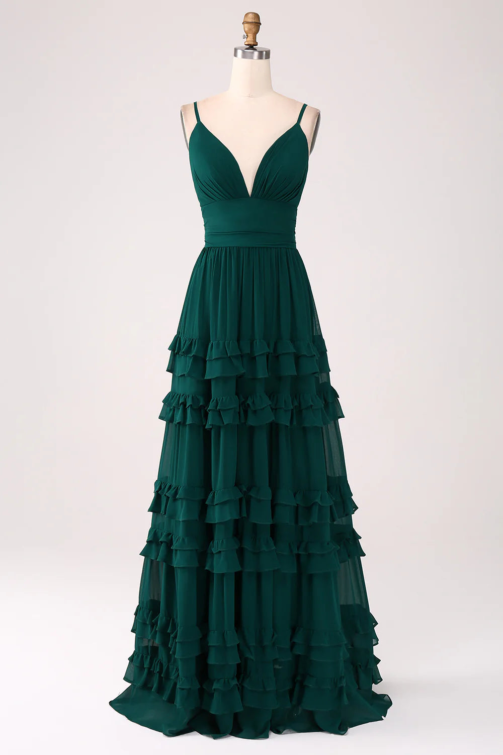 Dark Green A Line Spaghetti Straps Tiered Pleated Floor Length Bridesmaid Dress