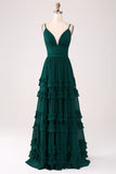Dark Green A Line Spaghetti Straps Tiered Pleated Floor Length Bridesmaid Dress