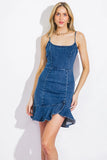 FIRST TO KNOW RUFFLE HEM TIE BACK DENIM MINI DRESS