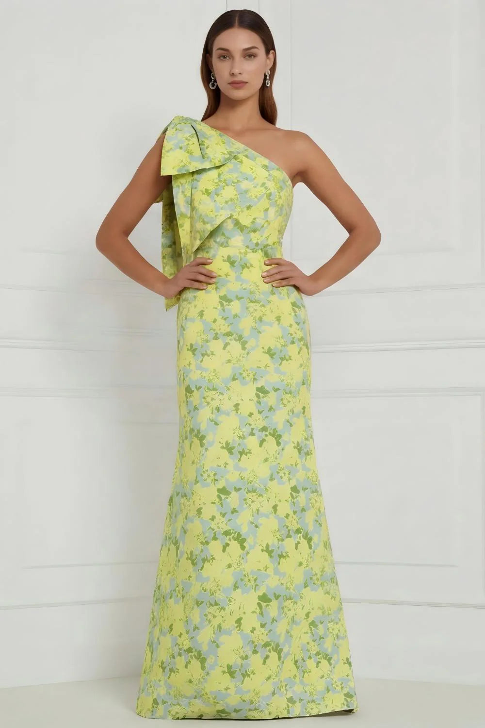 Blue White Flower Mermaid One Shoulder Print Long Bridesmaid Dress with Bow