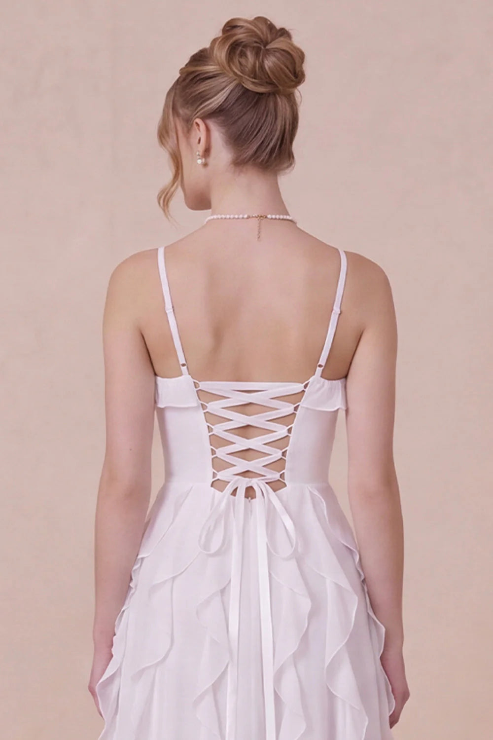 White Ruffled Spaghetti Straps A Line Midi Dress with Lace up Back