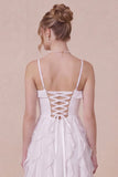 White Ruffled Spaghetti Straps A Line Midi Dress with Lace up Back