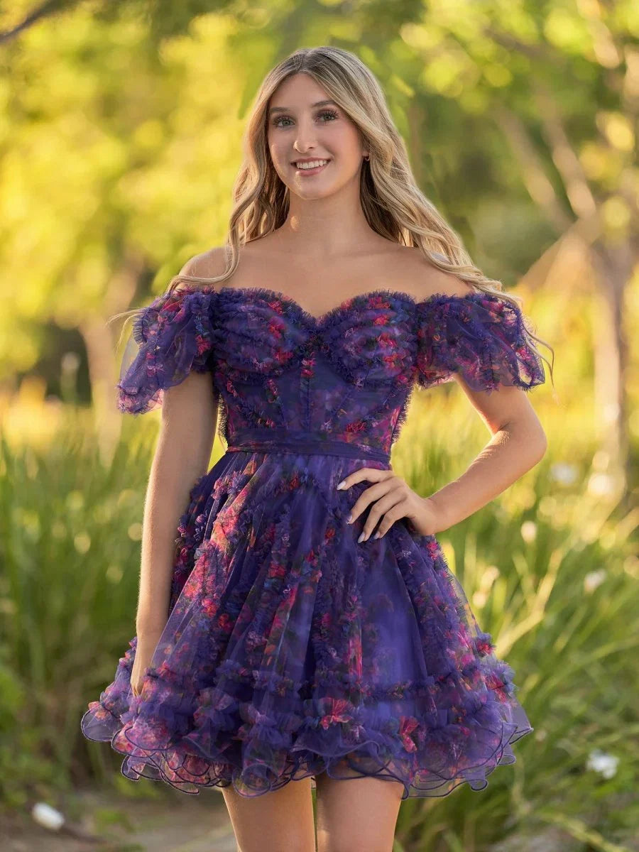 Ivana A Line Off the Shoulder Printed Tulle Short Homecoming Dress