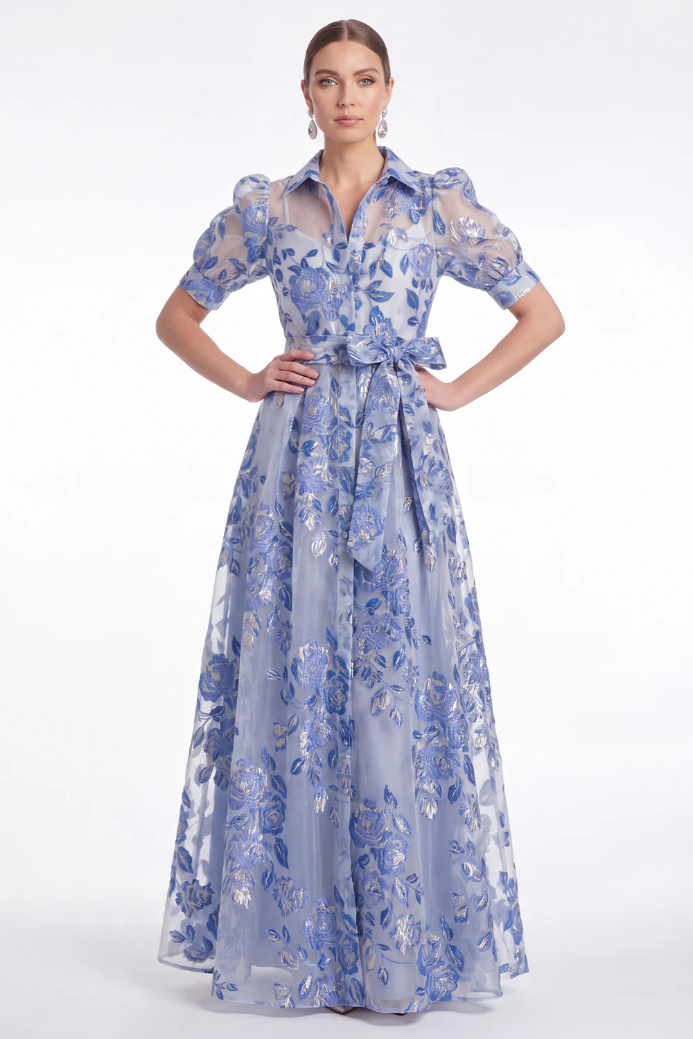 Blue A Line Collar Floral Jacquard Mother of the Bride Dress with Half Sleeves