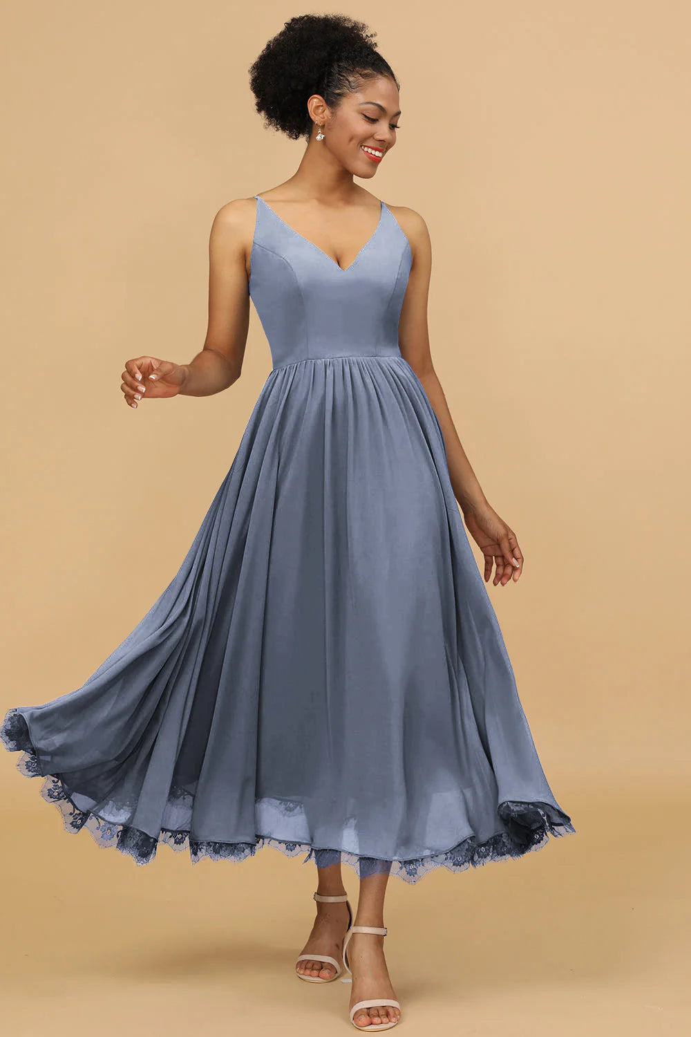 A Line Spaghetti Straps Long Chiffon Bridesmaid Dress with Ruffles