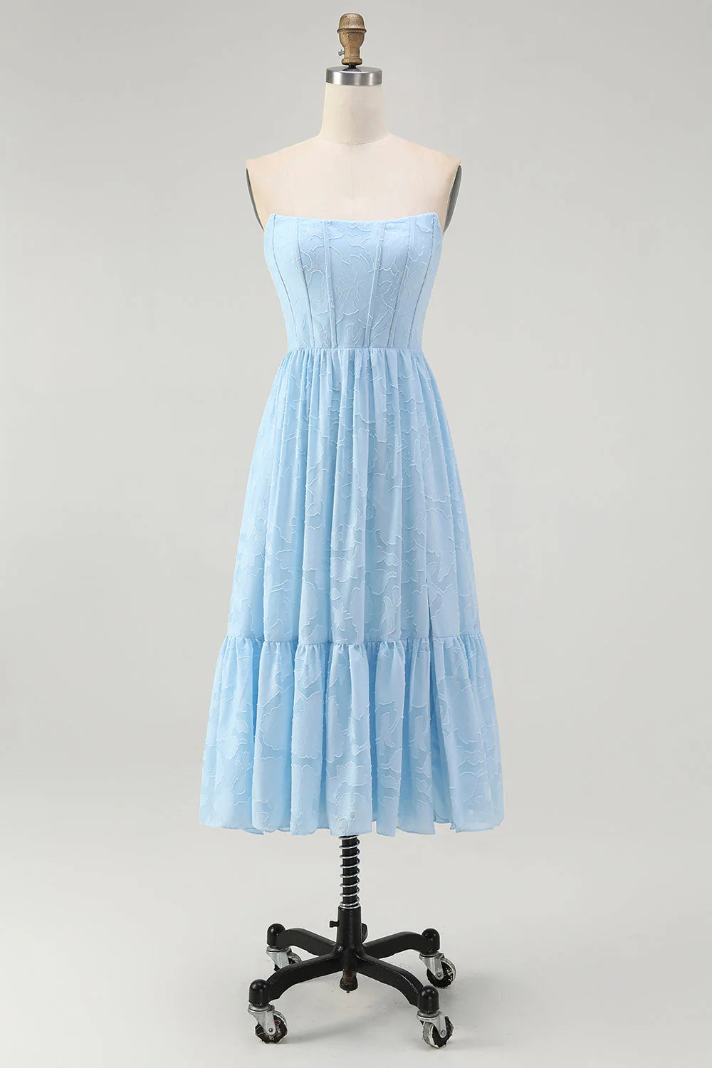 Strapless Sky Blue A Line Corset Midi Dress