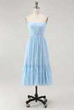 Strapless Sky Blue A Line Corset Midi Dress