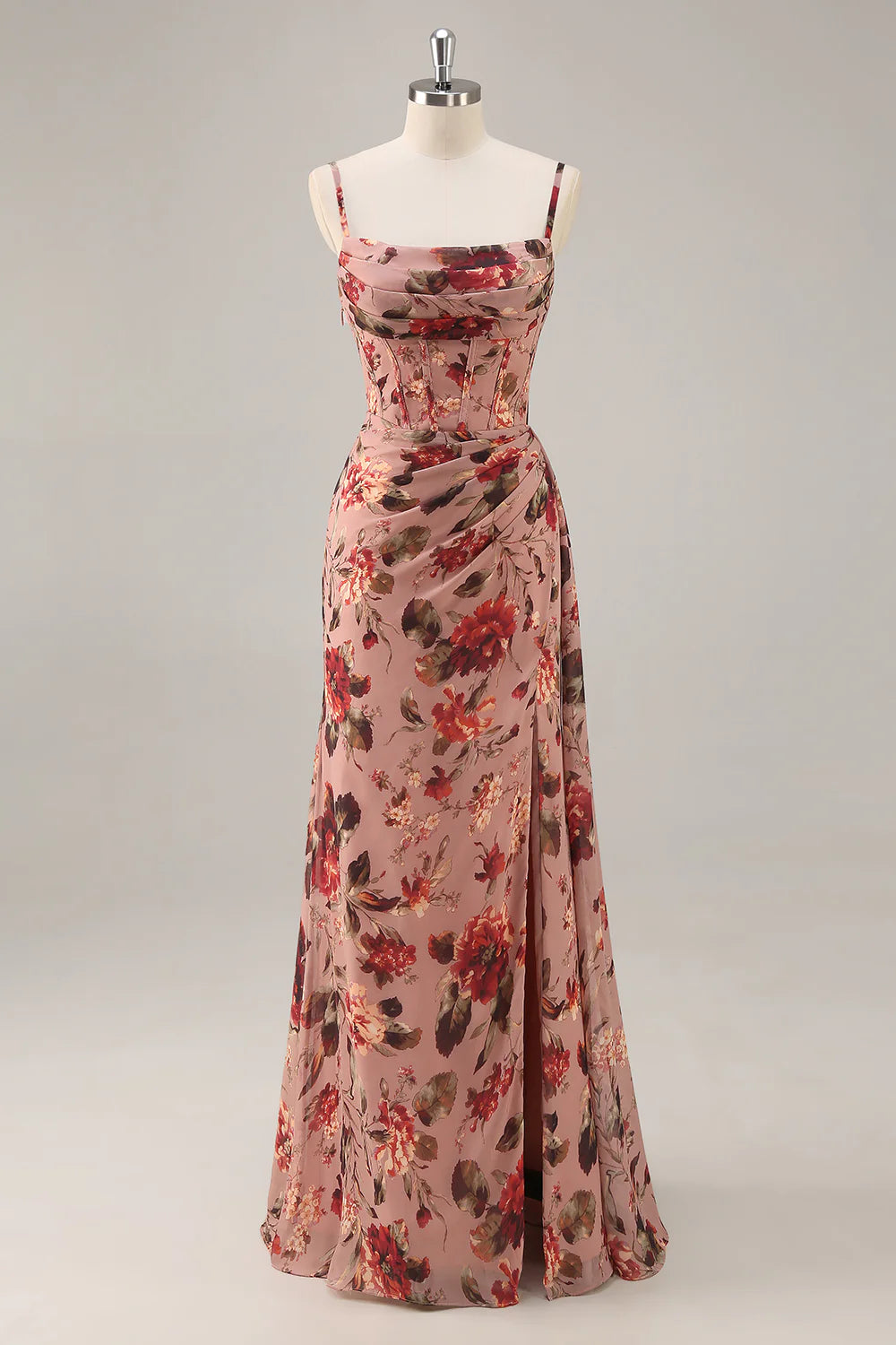 Dusty Rose Flower Spaghetti Straps Corset Ruched Long Bridesmaid Dress with Slit