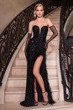 Tanya Gown Feather Trim Sequin Dress Black