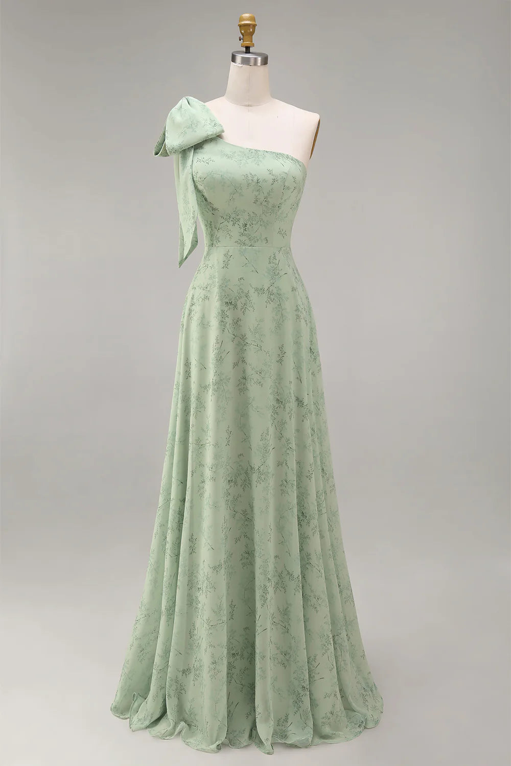 One Shoulder Dusty Sage Floral A Line Long Bridesmaid Dress