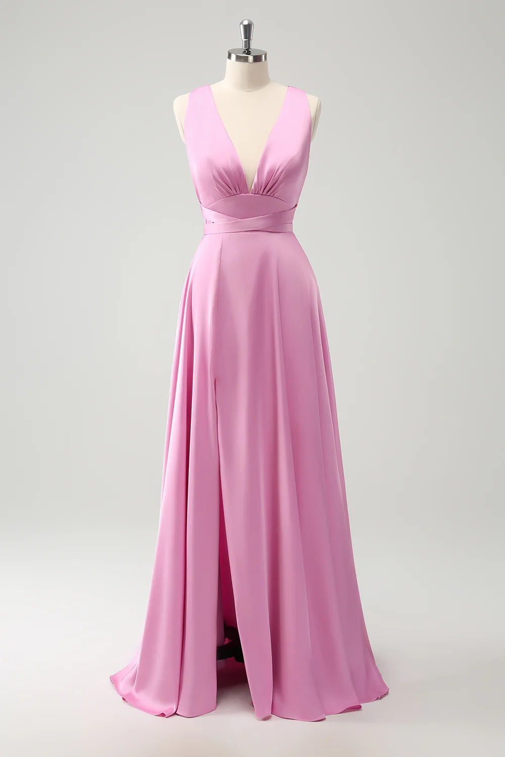 Burgundy A Line Deep V Neck Backless Long Bridesmaid Dress with Slit