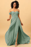 A Line Off the Shoulder Ruched Chiffon Floor Length Bridesmaid Dress with Slit