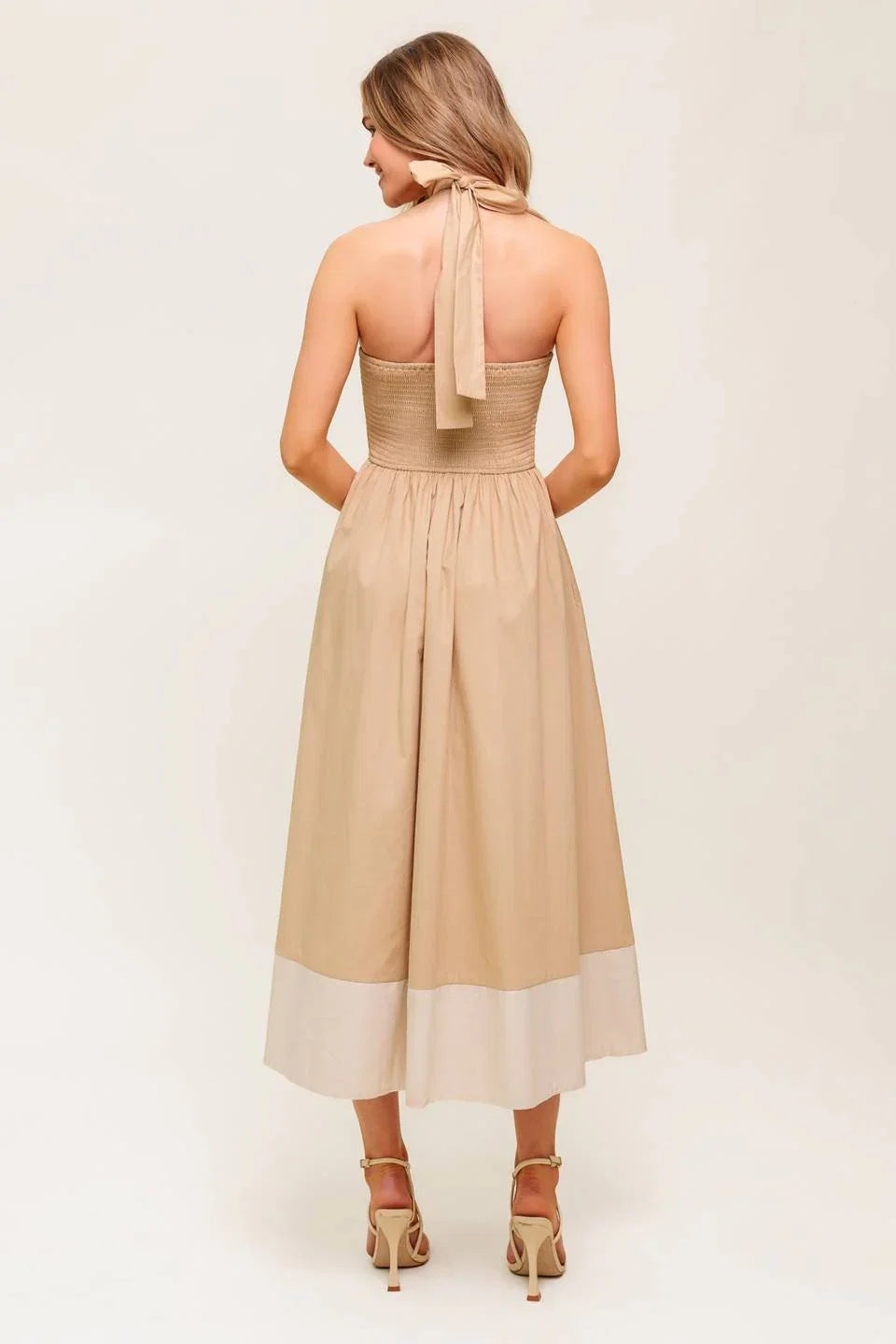 HYDRANGEA HAZE HALTER MIDI DRESS TAUPE