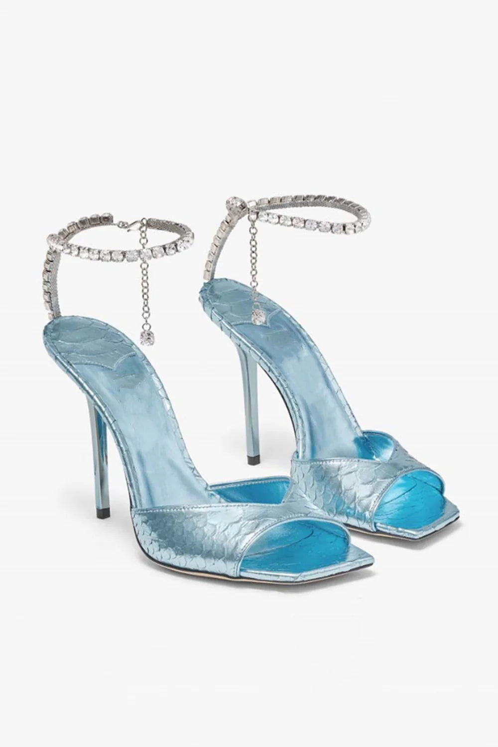Emerald Croc Embossed Stiletto Heels with Crystal Ankle Strap