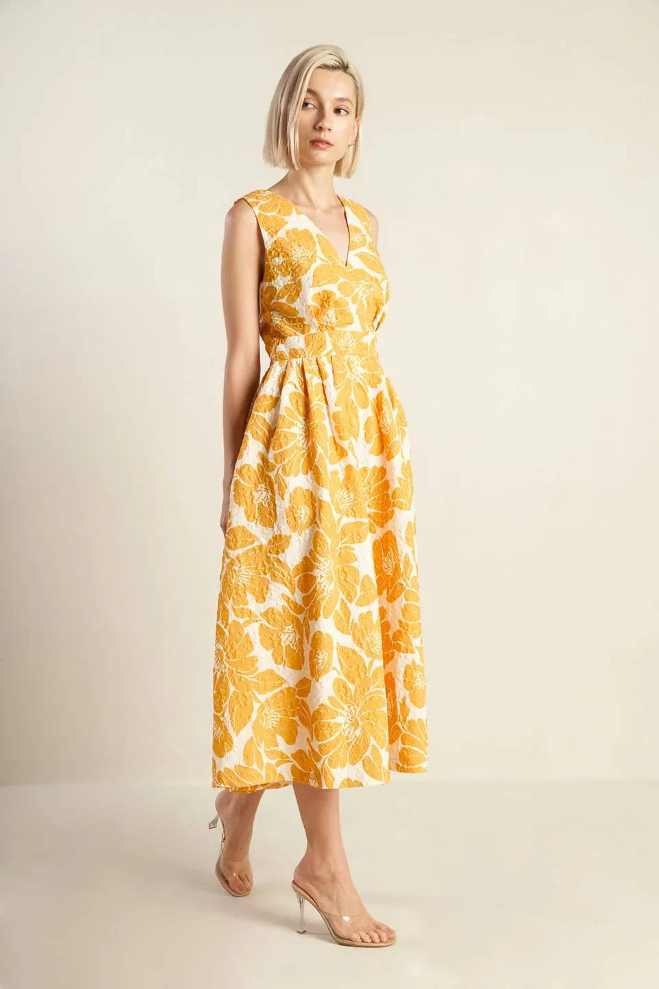 BOLD BLOOMS MUSTARD YELLOW MIDI DRESS