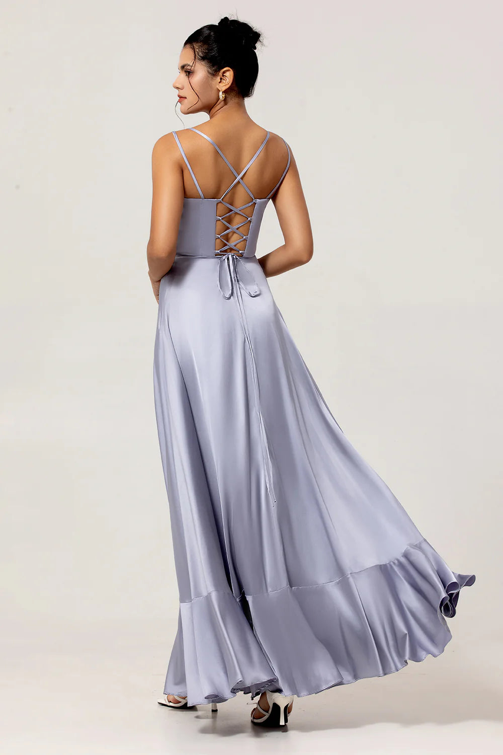 Dusty Blue A Line Satin Long Plus Size Bridesmaid Dress with Lace Up Back