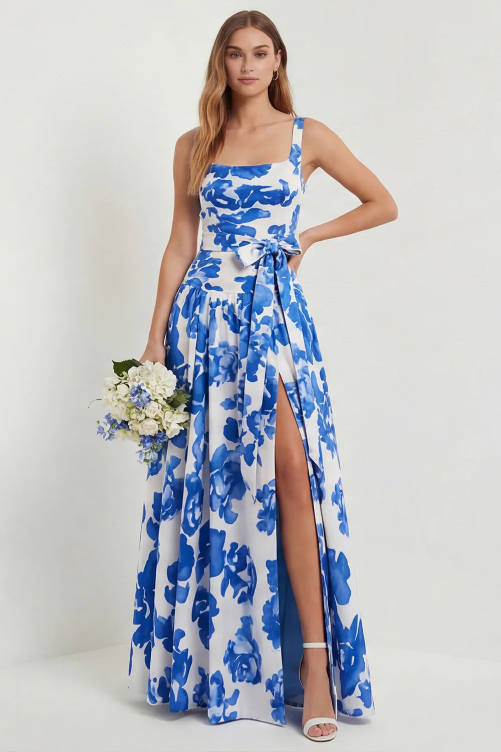 Floral Blue Printed A Line Square Neck Long Bridesmaid Dress with Slit