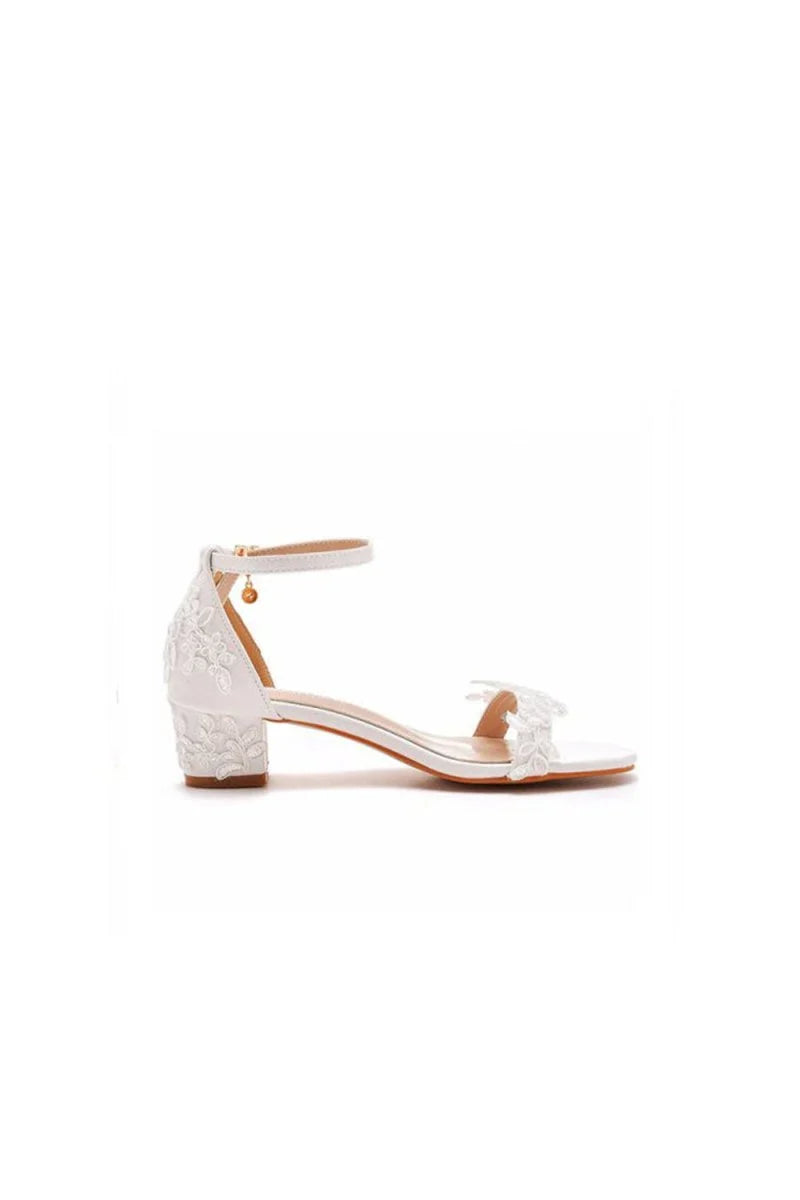 Elegant White Lace Open Toe Ankle strap Block Heels