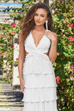 Saylor Pleated Satin Ruffle Maxi Dress White