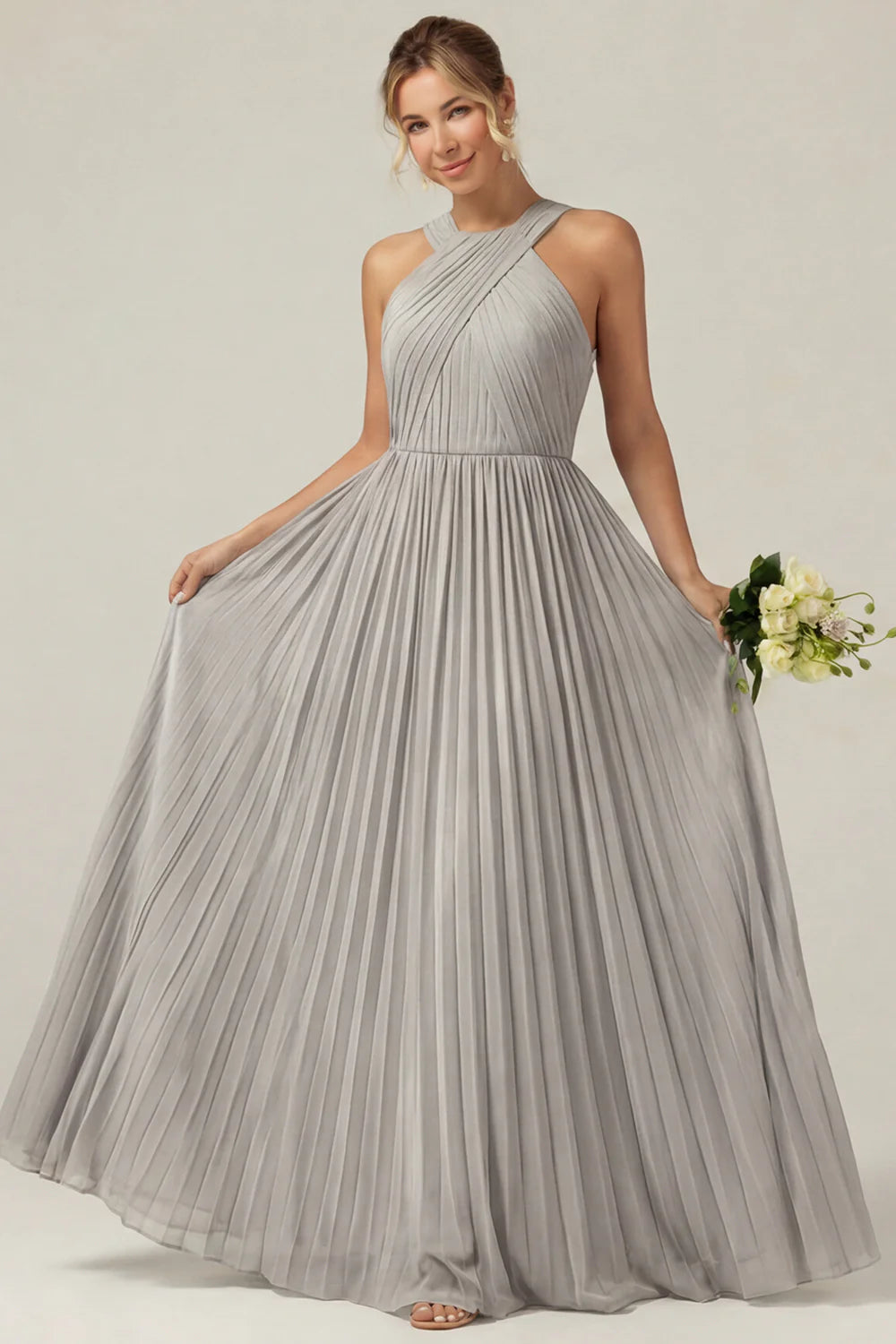 Dusty Sage A Line Halter Pleated Long Bridesmaid Dress