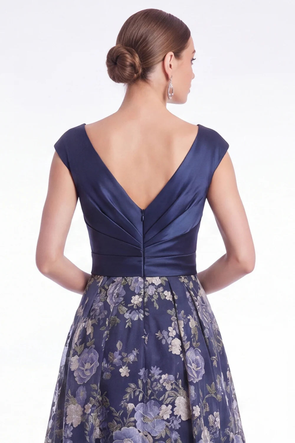 Dark Navy A Line Floral Jacquard Mother of the Bride Dress with Cap Sleeves