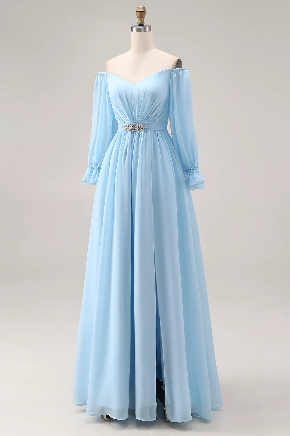 Off the Shoulder Sky Blue A Line Long Sleeve Bridesmaid Dress with Slit