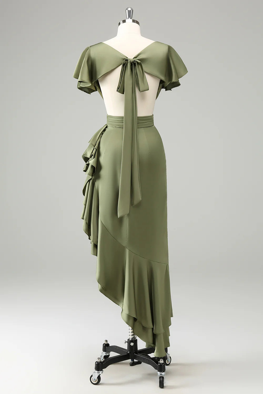 Elegant Dusty Sage A Line V Neck Short Sleeves Asymmetrical Bridesmaid Dress with Ruffles