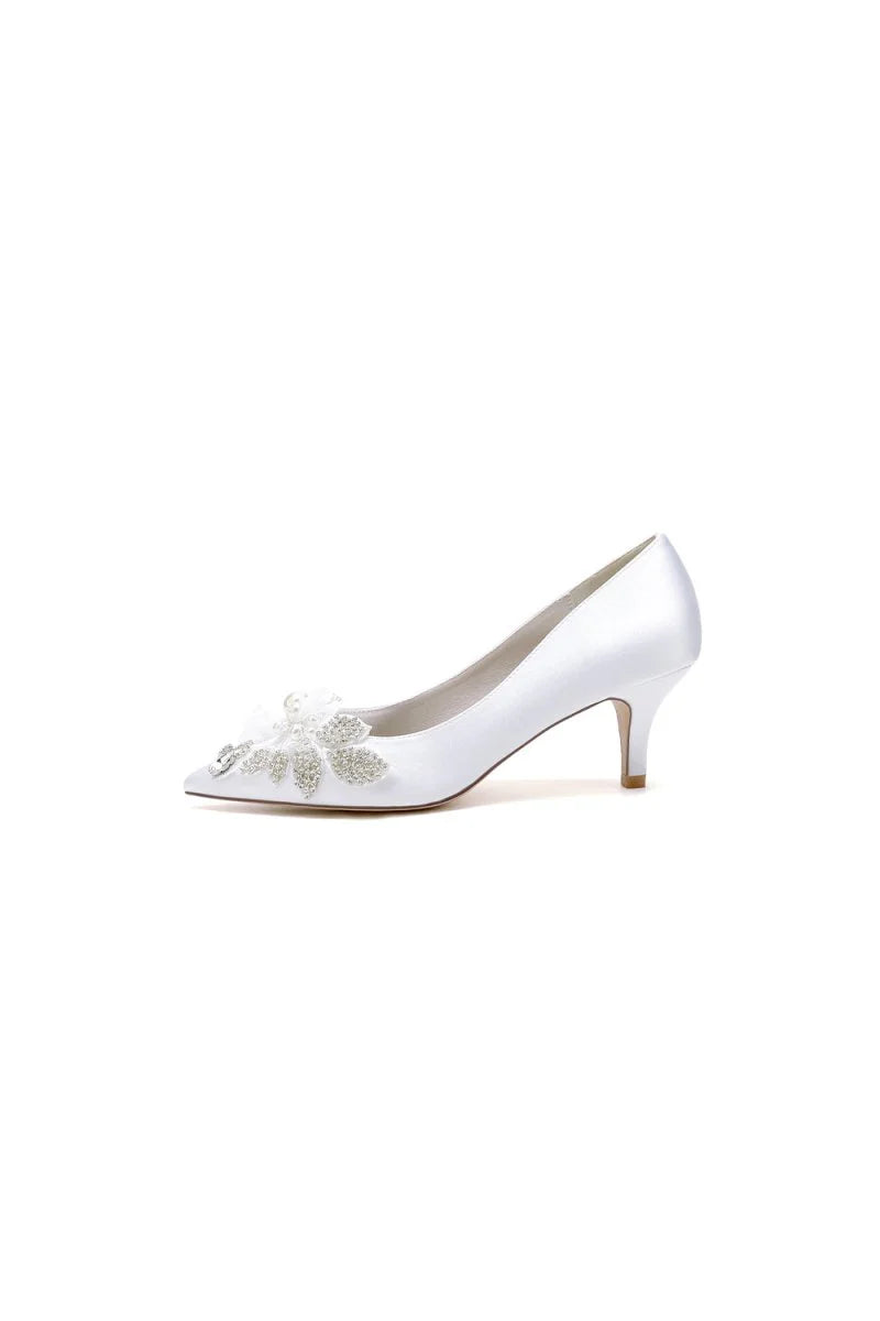 Floral Beading Pointed Toe Satin Kitten Heels