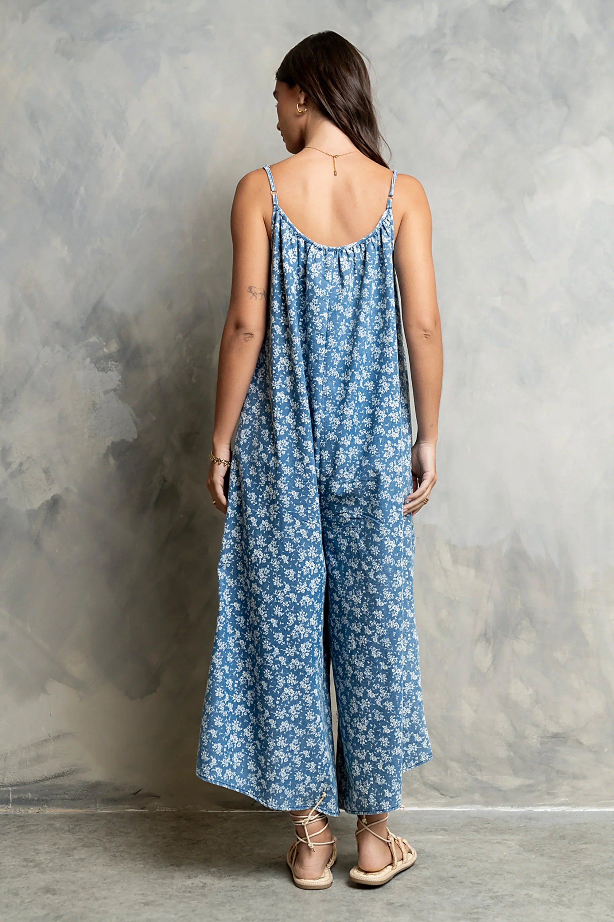 Brookelle Denim Floral Jumpsuit in Dark Wash