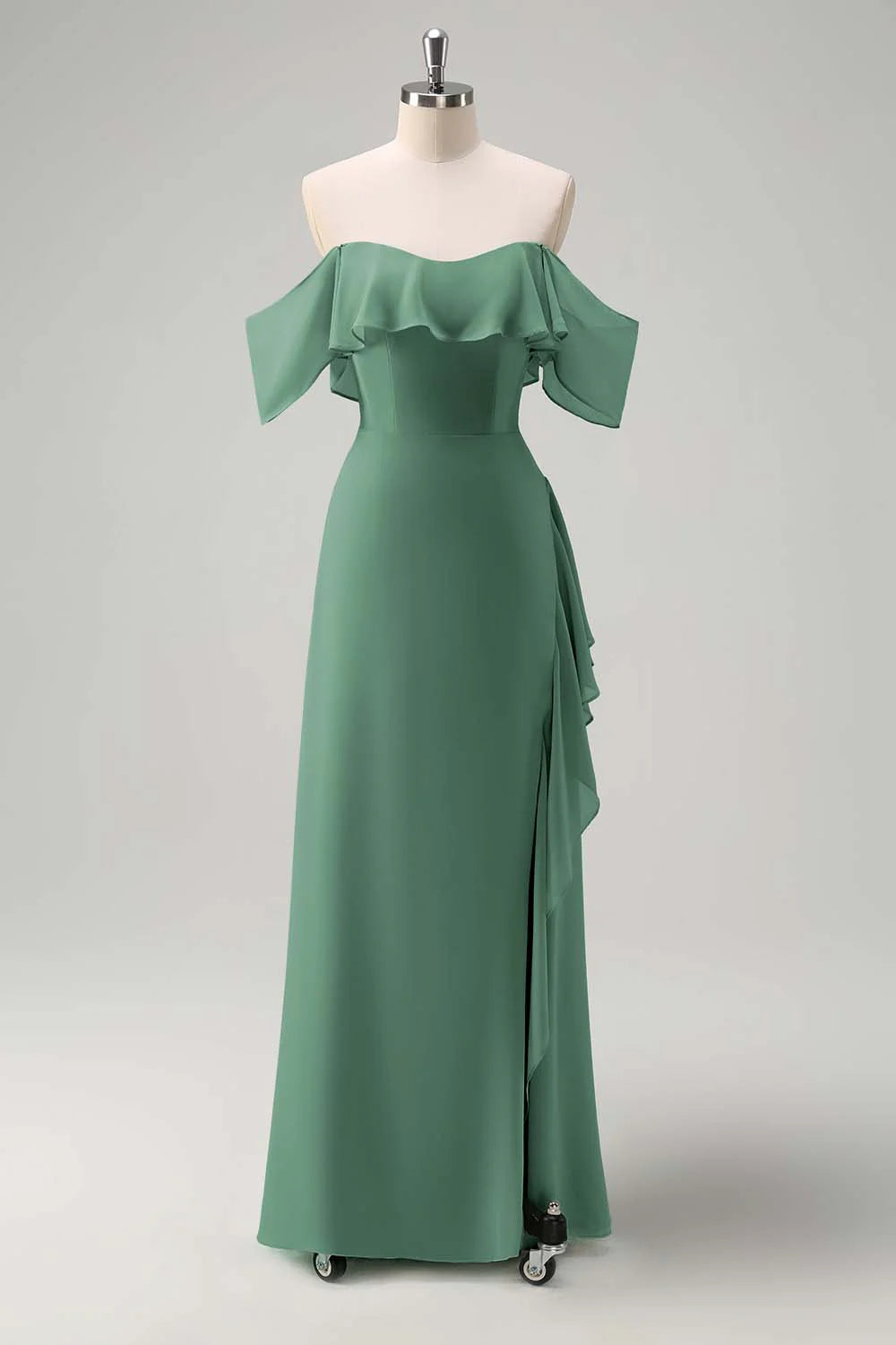 Light Green Sheath Off The Shoulder Chiffon Long Bridesmaid Dress with Ruffle Slit