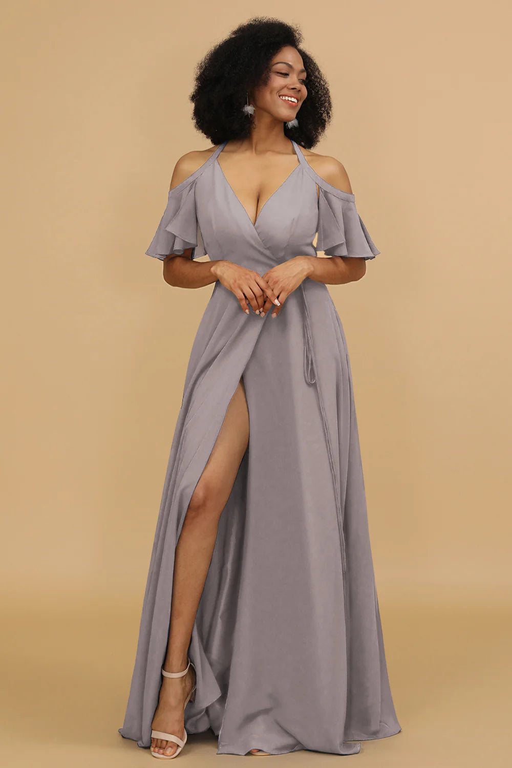A Line Halter Cold Shoulder Chiffon Bridesmaid Dress with Slit