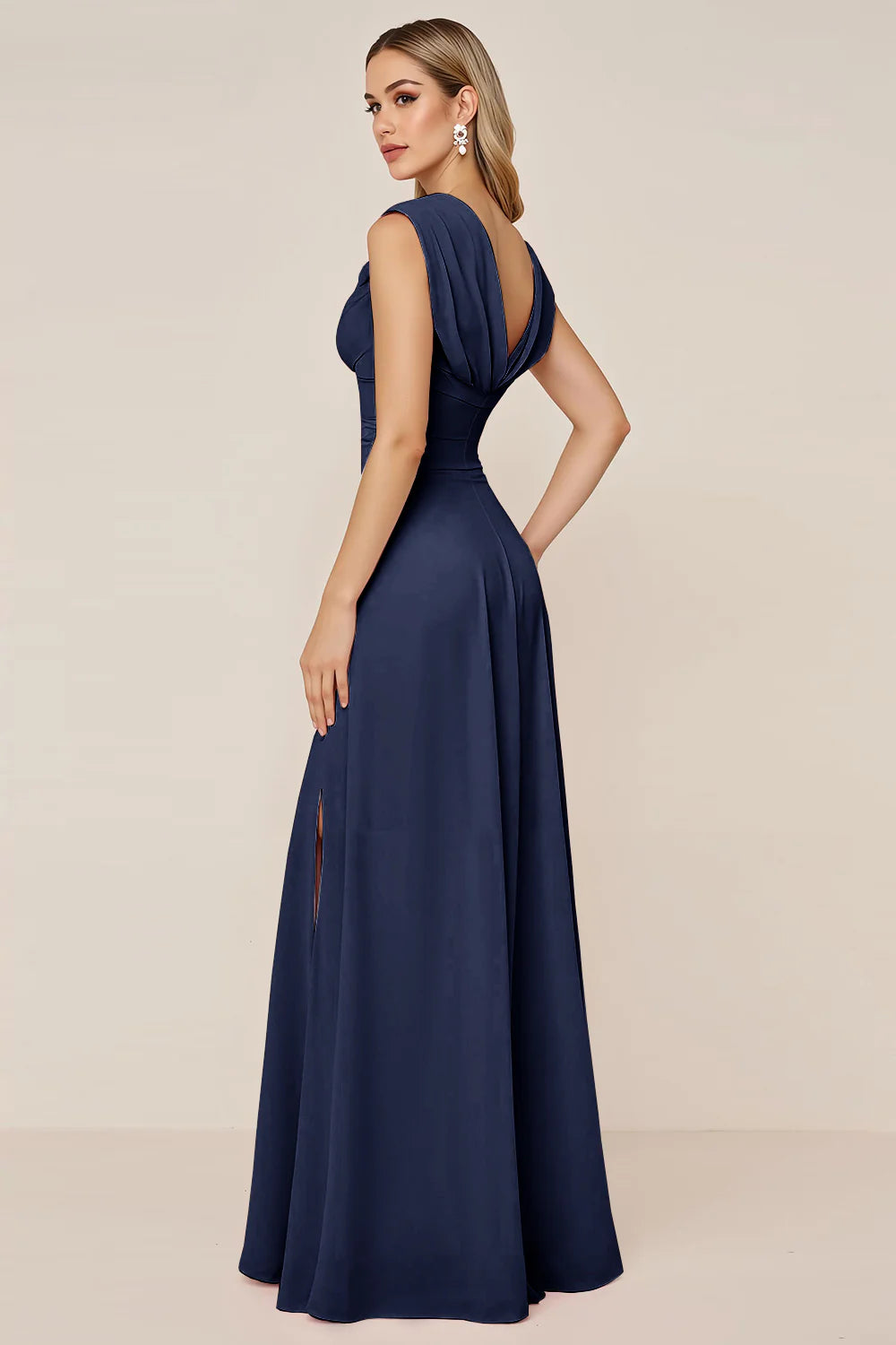 Burgundy A Line Cowl Neck Long Bridesmaid Dress with Slit