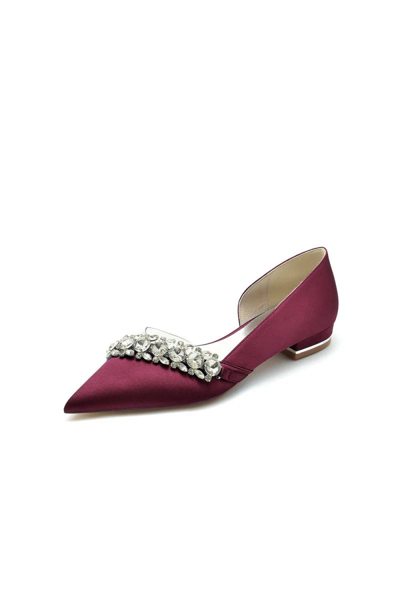 Pointed Toe Slip on Satin Low Heels With Rhinestone